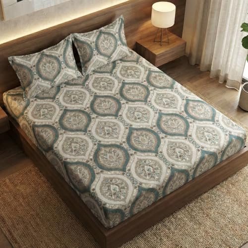 Image of Home Sizzler Microfibre Floral Damask Print All-Around Elastic Fitted Double Bedsheet (72 x 78 Inches) with 2 Pillow Covers - Teal & Beige