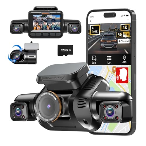 AI Dash Cam Front Rear Inside with Driver Monitor System, 360° Car Camera 4K, 4 Channel Camera for Cars Built-in WiFi GPS, Dashcam with 128GB SD Card, Night Vision, 24H Parking Mode, Upgrade