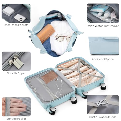 Front Opening 20-Inch Carry-On Luggage with Expandable Travel Bag Set, ABS Hard Shell Two-piece suitcase set with USB Port, Cup Holder, light blue4