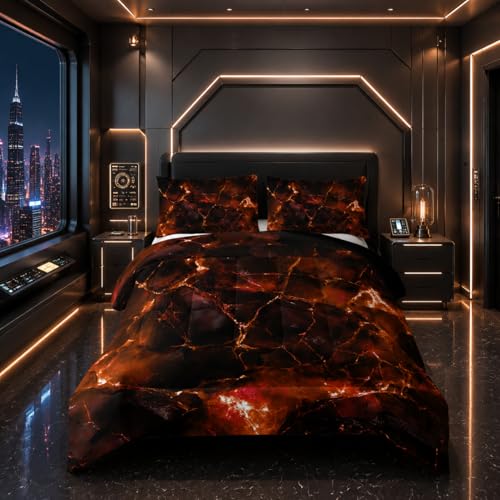 Image of Nttopship Orange Comforter Set Queen Size,Orange Marble Bedding Set 3 Pcs Bedding for Adults, Marble Room Decor with Comforter and 2 Pillowcases Soft and Lightweight B-Side Black