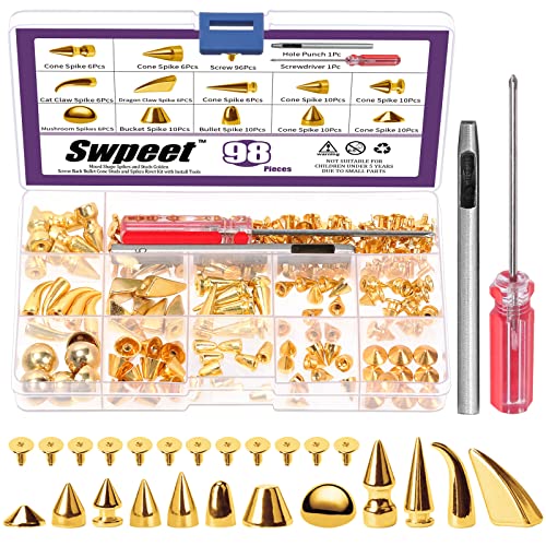 Swpeet S2648 96 Sets 12 Styles Gold Mixed Shape Spikes And Studs Metal Screw Back Bullet Cone Studs And Spikes Rivet Leather Rivets Kit cover
