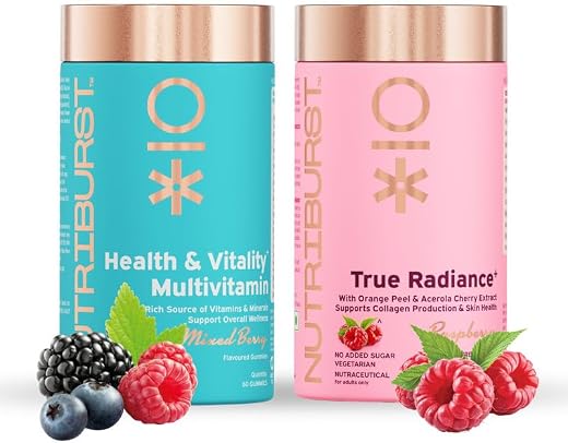 Nutriburst Beauty and Wellness Combo: Health &amp; Vitality Multivitamin Gummies + True Radiance Collagen Builder Gummies for ...