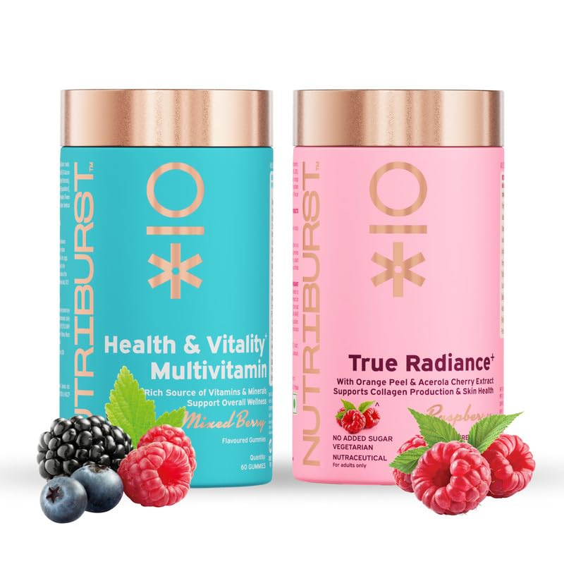 Nutriburst Beauty and Wellness Combo: Health & Vitality Multivitamin Gummies + True Radiance Collagen Builder Gummies for Complete Nutrition, Glowing Skin & Overall Wellness | Supports Beauty & Immunity | No Added Sugar (Pack of 2X60)