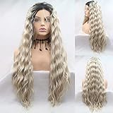 Karissa Hair Blonde Lace Front Wigs for Women Natural Hairline Long Wavy Lace Wig Pastel Black Roots Ash Blonde Ombre Wigs Glueless Synthetic Wig with Middle Part Glueless Heat Resistant 24 Inch