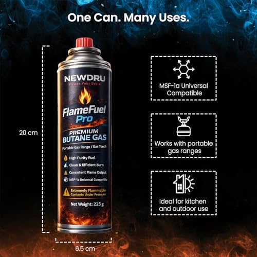 Image of NEWDRU Portable Butane Gas Stove with 4 Butane Gas Cans Combo | FlameGuard Pro Camping Stove with Adjustable Flame & Safety Lock | MSF-1a Refill Gas Cartridge | Outdoor Cooking, Camping & Travel