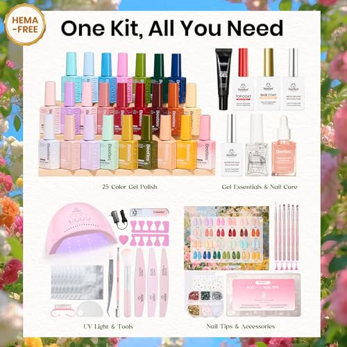 Image of Beetles 64Pcs Gel Nail Kit with U V Light and Nail Tips -25 Color HEMA-FREE Gel Polish Set Sunday Garden Pink Nude Blue Green Brown Nails Kit with Everything Salon Manicure Tool Gifts for Girls Women