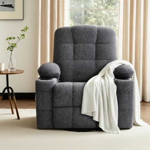 Image of Swivel Rocker Recliner Chair,Recliner Single Sofa with Cup Holders, Manual Nursery Rocking Chair with Side Pockets, Modern Recliner for Living Room,Apartment,Home Theater(Dark Gray)