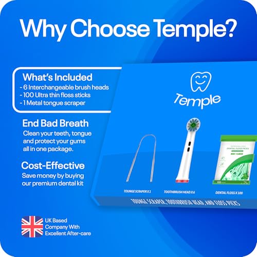 Temple Dental Kit, 6-teiliges Zahnbürstenkopf, kompatibel mit Braun Oral B elektrische Zahnbürste, inklusive Zungenschaber und Zahnseide, 100 Stück – Bild 3