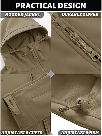 Waterproof Thermal Jacket, Men's Tactical Jacket, Winter Fleece Lined Hooded Rain Waterproof Hiking Outdoor Jackets