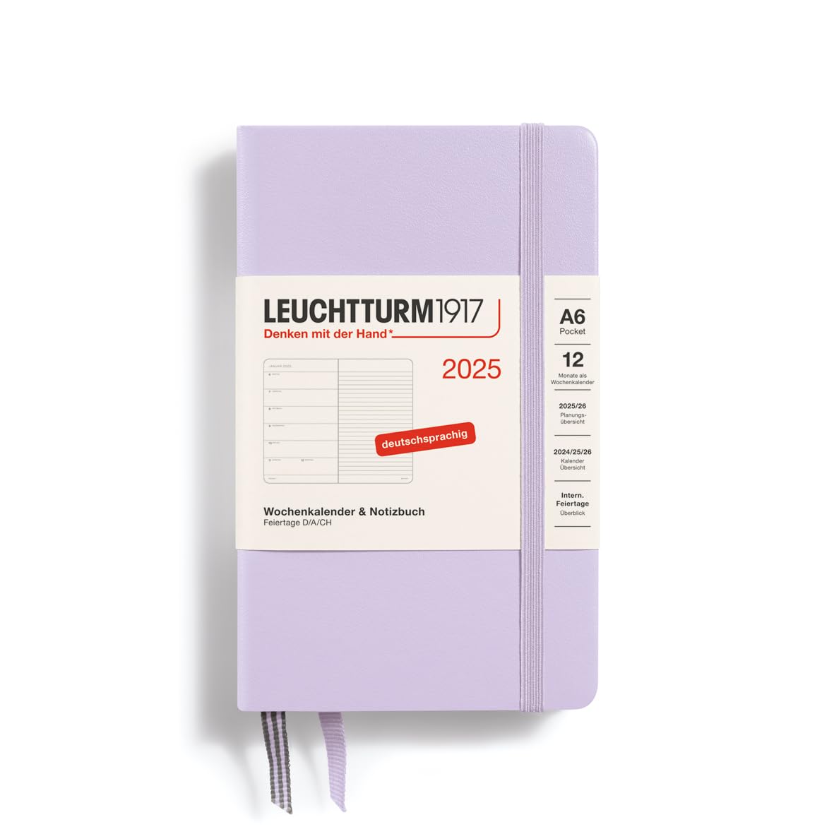 LEUCHTTURM1917 370498 Weekly Calendar & Notebook 2025, Pocket A6 Hardcover - 12-Month Planner, 80 g, Lined - Lilac