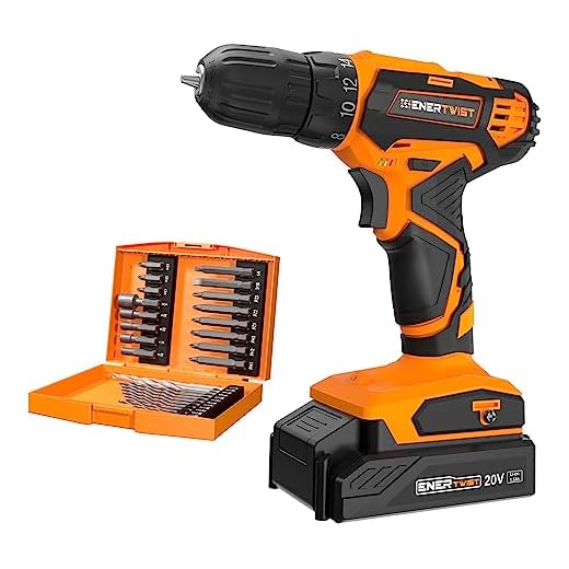 EnerTwist 20V Max Cordless Drill, 3/8 Inch Power Drill Set with Lithium Ion Battery and Charger, Variable Speed, 19 Positions and 28-Pieces Drill/Driver Accessories Kit, ET-CD-20