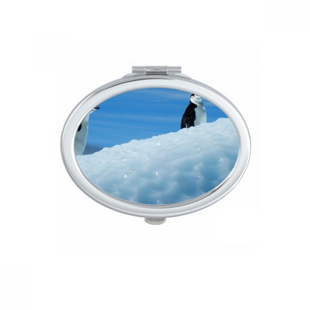 Miroir de poche ovale avec deux manchots pour retouches maquillage