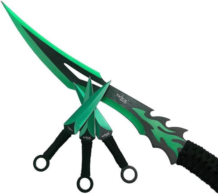 Tactical Flame Skull Machete with 3 Throwing Knives Set