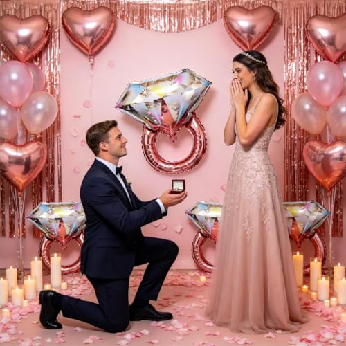 Image of Rose Gold Diamond Ring Balloons 4 Pcs,Foil Engagement Ring Balloons