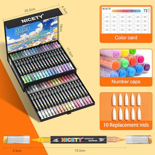 Image of NICETY 36 Pens 72 Colors Dual-Tip Acrylic Markers,Slide-out Drawer Gift Box