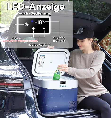 BINGI Kompressor Kühlbox 22L Tragbarer Auto Kühlschrank 12/24V DC und 230V AC Mini Gefrierschrank für Auto, LKW, Camping, Wohnmobil und Zuhause (15℃ bis -18℃)