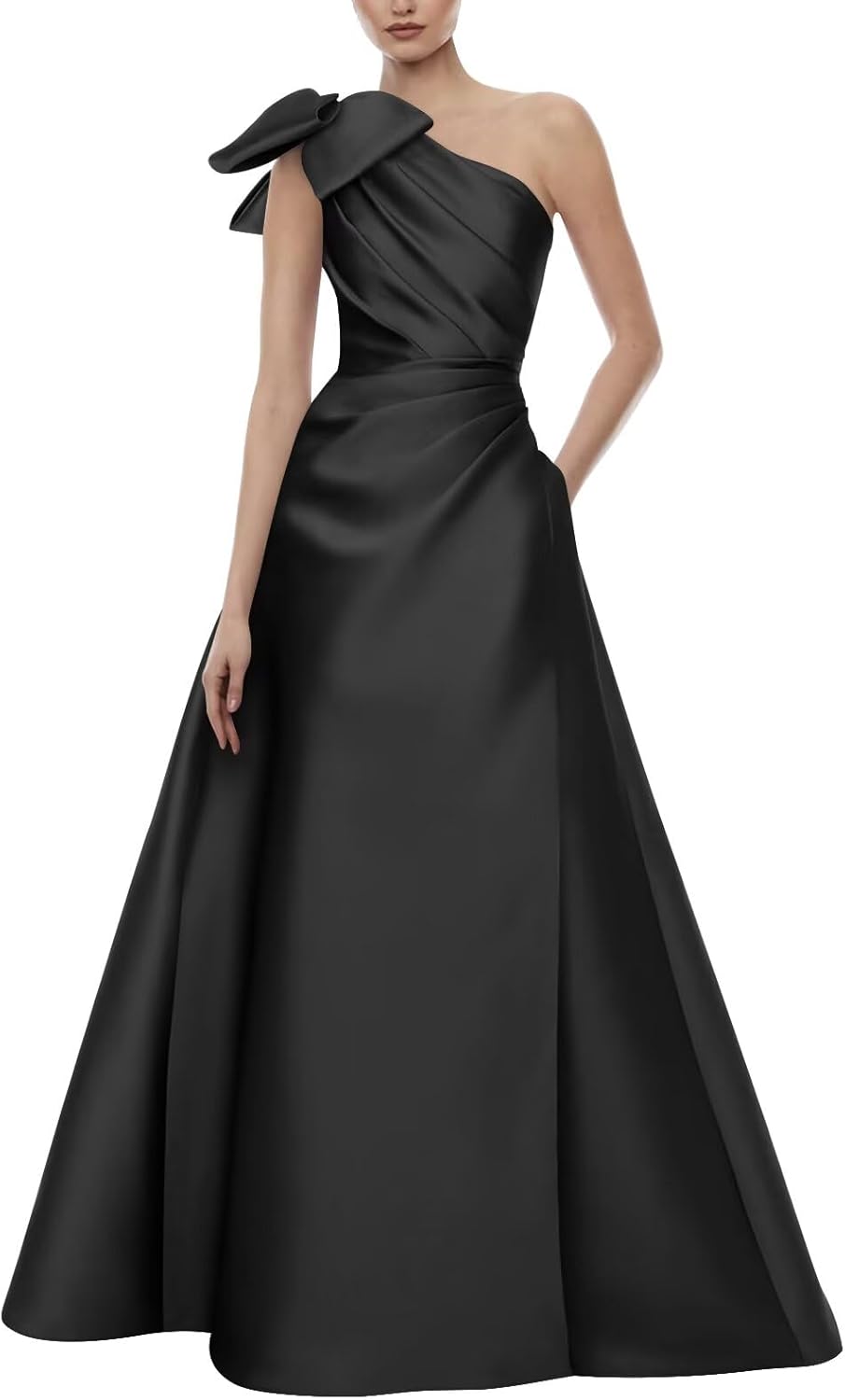 SoDigne One Shoulder Satin Prom Dresses with Bow Pleated Mother of The Bride Dress A Line Long Formal Evening Gowns
