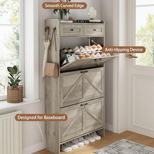 Image of Shoe Cabinet with 3 Flip Drawers & 2 Top Drawers, 57 inch Tall Freestanding Narrow Wooden Shoe Storage Organizer for Entryway, Hidden Slim Shoe Rack for Front Door Entrance, Hallway, Living Room, Grey