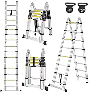 LZQ Folding Ladder, Telescopic Ladder, Extension Ladder, Aluminium Telescopic Design, Multi-Purpose Ladder, 16 Rungs  90 cm to 5 m Leaning Ladder, 150 kg Load Capacity