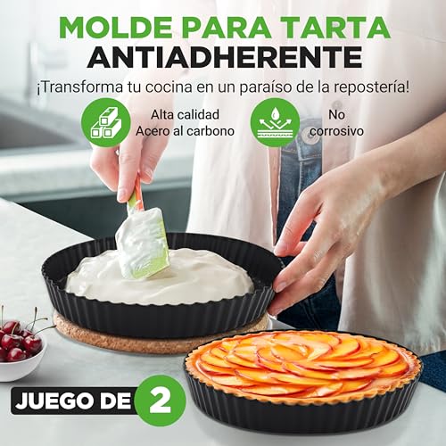 Miniatura 2 de Nutrichef 2 Moldes De Tarta Desmontables Para Repostería, Ideales Para Quiche Y Bizcochos, De 23 Cm, Acero Al Carbono Antiadherente Con Distribución Uniforme Del Calor, Incluye 100 Papeles Pergamino