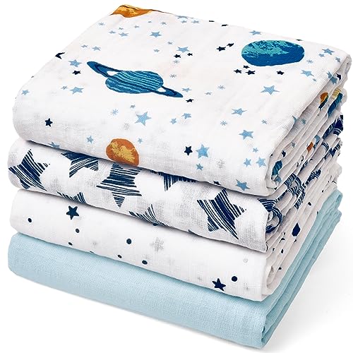 Image of david's kids 4 Pack Baby Muslin Swaddle Blankets, 100% Cotton Swaddling Blankets Wrap for Boys Girls, Ultra Soft Breathable Receiving Blanket, New Born Essentials, Space&Stars