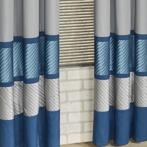 Beta Contemporary Luxury Window Treatment | Sophisticated | Blue Shadow, Stone, Dark Blue | Pleated | Silky Polyester Satin | 4 Piece Window Set: 84L Curtain Panel Drapery Pair and Cornice Valance Set - Thumbnail 3