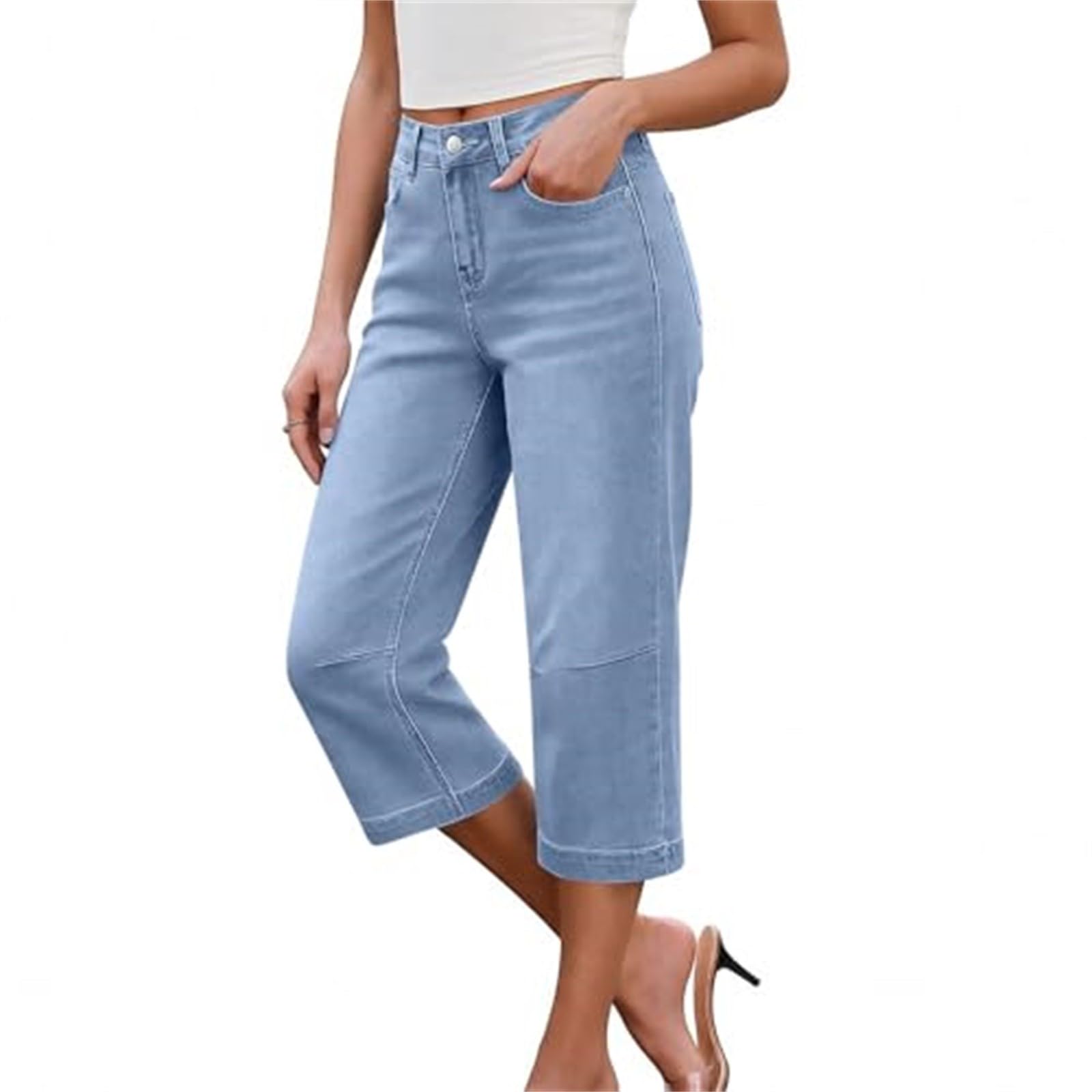 Pantacourt Baggy en denim pour femme - Coupe ample - Coupe ample - Coupe droite - Couleur unie - Coupe droite - Coupe droite - Courbé - Pantalon de loisirs - Avec poches