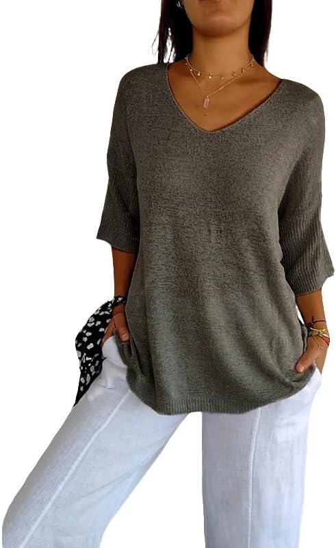 ZOCANIA Womens Sweater V Neck Knitted 3/4 Sleeve Sweaters for Women Oversized Lightweight Pullover Basic Fall Clothes