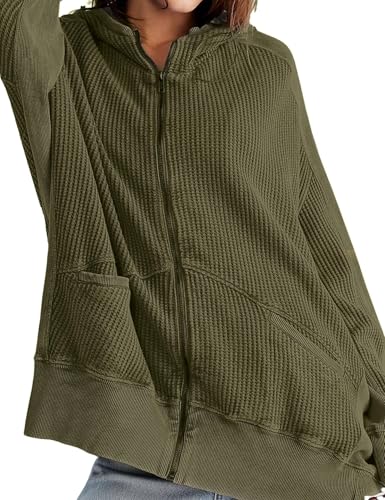 Womens Waffle Knit Jacket Oversized Zip Up Long Sleeve Hoodie Sweatshirt Fall Fashion Outwear Shacket with Pockets2