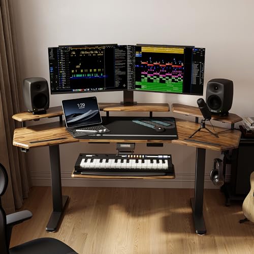 Image of EUREKA ERGONOMIC Solid Wood Top Gaming Desk, 72 inch Dark Acacia Wood Wing-Shaped Studio Desk with Keyboard Tray, LED Shelves, Heavy-Duty Recording & Live Stream Desk