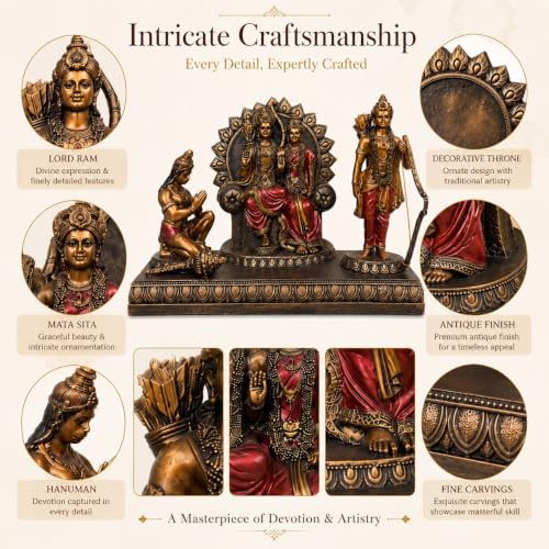 Image of ARMONIA Ram Darbar Idol with Lord Ram, Sita, Laxman & Hanuman Murti | Antique Finish Polystone, Living Room & Office | God Idol Gift for Wedding & Housewarming | 9*12 Inch | Includes Microfiber Cloth