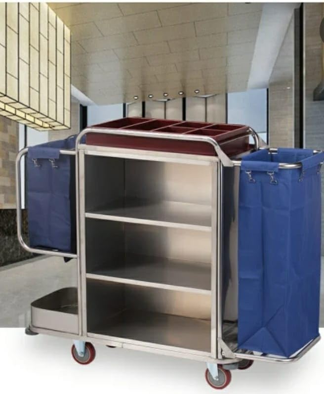 Image of Shoppers Hub PNQ SS Housekeeping Trolley with Double Sided Removable 1 Half + 1 Full Washable Bags with Clips & 3 Compartments for Heavy Duty Use in Hotels & Resorts.(Size:140cmL*45cmB*120cmH)