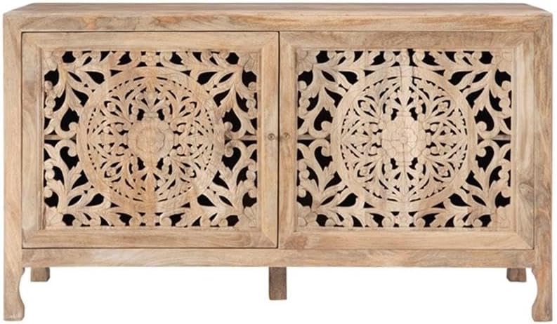 Pemberly Row Transitional Mango Wood Two Door Cabinet, Natural Brown Finish, 60" w x 20" d x 34" h, Handcrafted Storage Sideboard for Dining Room, Entryway, or Living Room
