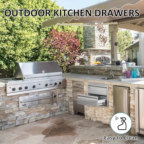 Image of Outdoor Kitchen Drawers 18 inch W x 13 inch H x 21 inch D Stainless Steel Drawer BBQ Double Drawers with Hidden Handle for Outdoor Kitchen Island, Patio Grill Station