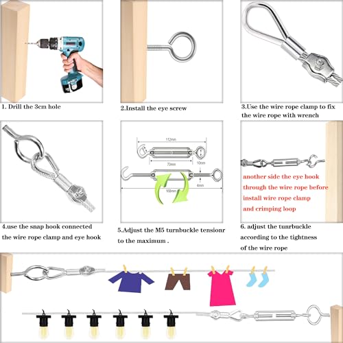 AFences 1/8\" Stainless Steel Cable,1/8\" Wire Rope,M5 Turnbuckle Kit,165FT Wire Tensioner for String Light Hanging Kit,Aircraft Cable,Guy Wire,Stainless Steel Wire Rope Kit - Thumbnail 2