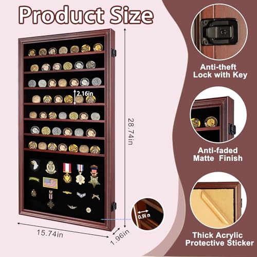Image of Jinchuan Military Challenge Coin Display Case Lockable Cabinet Shadow Box with Removable 2 Grooves Shelves and Anti-Fade Acrylic Glass for Casino Poker Chips Collectibles, Extra Large - Mahogany