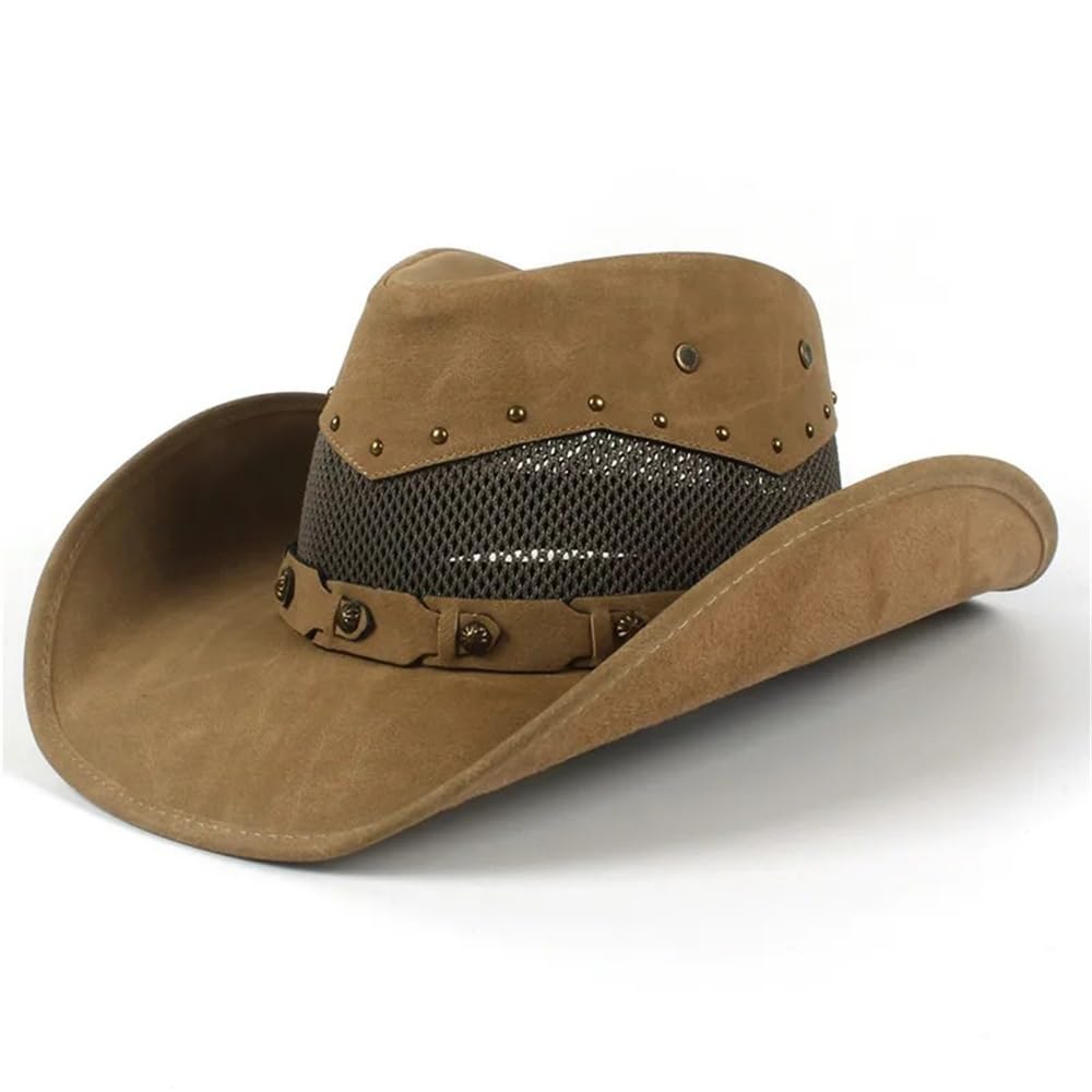 Moda Uomo Cappello da Cowboy Occidentale Gentleman Pelle Sombrero Hombre Jazz Caps Taglia 58-59CM(Khaki)