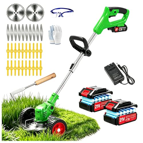 Electric Weed Wacker Battery Powered Weed Eater 21V Cordless String Trimmer Battery Operated with Wheels & Metal Blades Lightweight 4 in 1 Grass Trimmer/Brush Cutter/Lawn Edger/Mower for Garden Yard