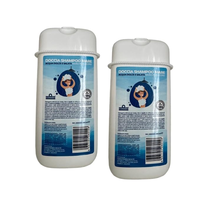 Juego de 2 champús de ducha de mar ecológicos para agua dulce y salada, cuerpo, cara y pelo, apto para barco, camping, playa y actividades al aire libre. 2 botellas de 300 ml.