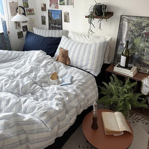 Image of mixinni Vintage Blue & White Striped Duvet Cover Set - 3 Piece 100% Washed Cotton Twin XL Size Bedding | Minimalist Relaxed Style | Ultra Soft Breathable, with Zipper Closure & Corner Ties