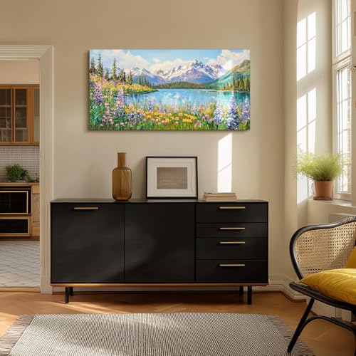 crmotu Colorful Wildflowers Large Wall Art, Lakeside Mountain Forest Landscape Paintings, Nature Wilderness Canvas Prints, Rustic Charm Pictures Wall Decor Living Room Bedroom Farmhouse 24x48 Inch