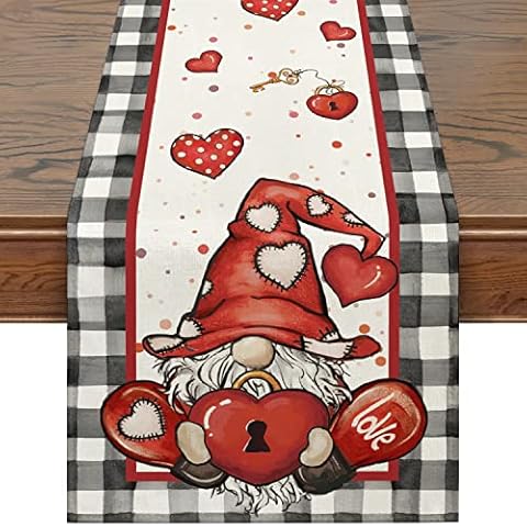 Siilues Valentines Table Runner, Sweet Gnome Valentines Decorations Love Valebtines Runner for Table Seasonal Spring Holiday Decor for Indoor Outdoor Dining Table Decorations (13'' x 90'') Cover