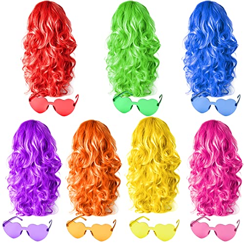 Elecland 7 Pieces Party Wigs And 7 Pieces Wig Cap Set, Neon Curly Afro Wigs Sunglass Pack Costume Colorful Cosplay Wig Daily Party Hairpieces For Bachelorette Neon Party Favors, Halloween And Decorations #TOP3