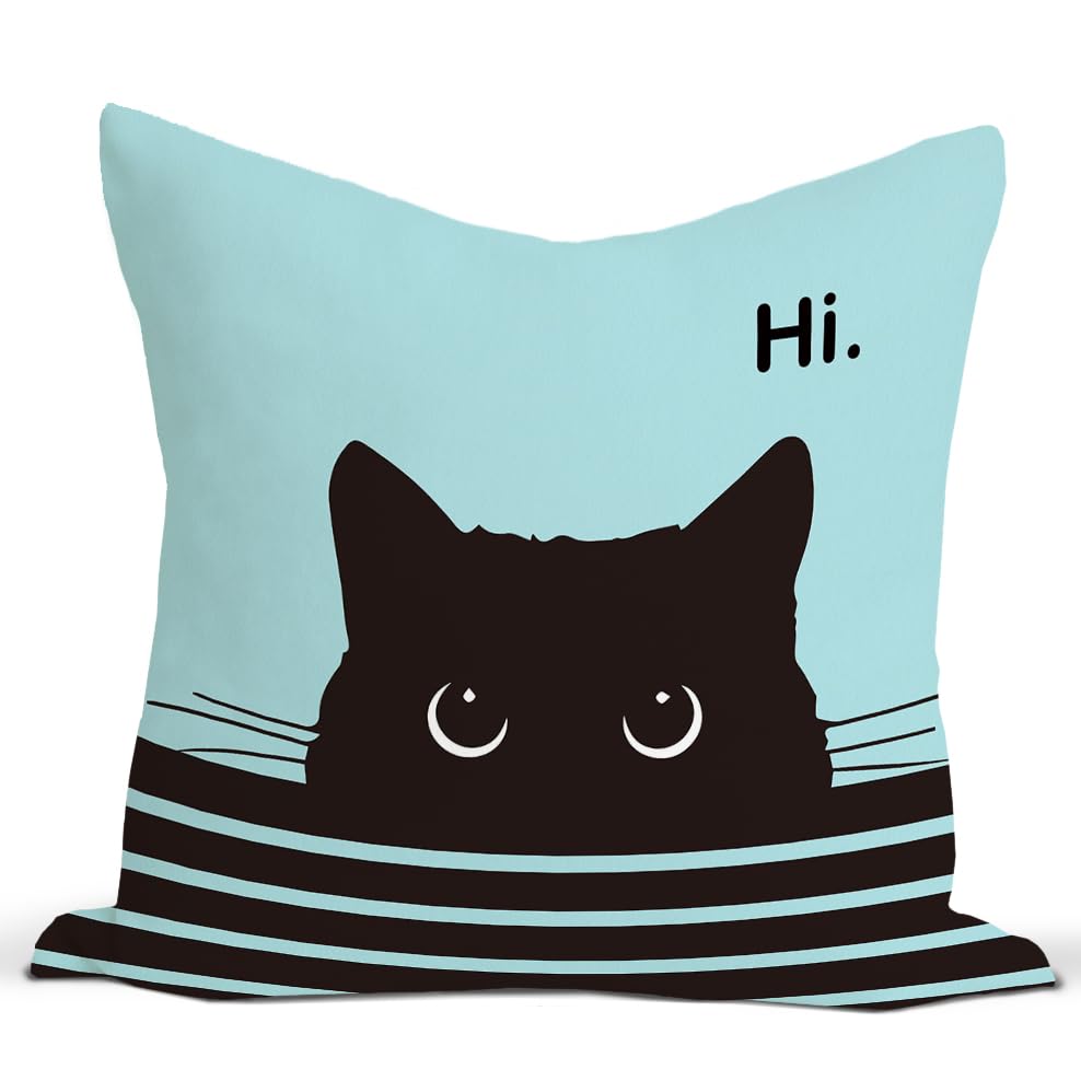 Rusenbao Blue Funny Black Cat Decor Pillow Covers 18 18 Cute Animal Decorative Pillows Covers for Couch Home