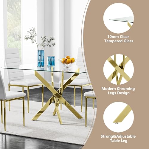 Image of 5 Piece Glass Dining Table Table Set, Tempered Glass Dining Table Set for 4 Kitchen Table Set with 4 Upholstered Chairs for Kitchen Dining Room (Gold Leg Table with Gold Leg Chair)