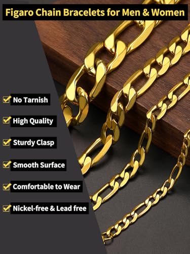 ChainsHouse Figaro Link Chain Bracelet Stainless Steel/Black/18K Gold Plated Wrist Bracelets for Men Women, 6MM-13MM, 7.5"/8.3", Send Gift Box4