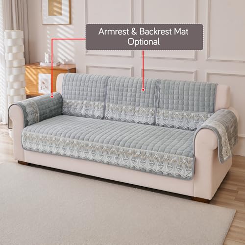 Image of HOKIPO 'BelleLace Series' Sofa Mat for 3 Seater and 2 Seater Sofa | Imperial Milk Velvet Sofa Cover with Lace Design | Cloud Grey (AR-5966+5964-LGRY)