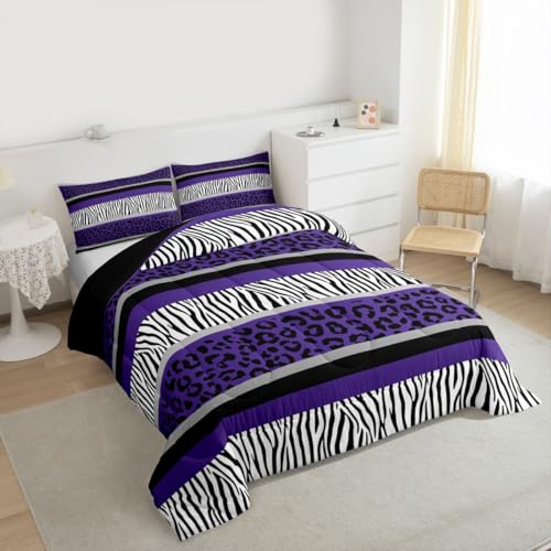 Image of Feelyou Leopard Print Comforter Set Toddler Size Zebra Stripes Bedding Set for Kids Boys Girls Teens Purple Black White Zebra Leopard Fur Comforter Safari Animal Hair Duvet Set Room Decor Quilt
