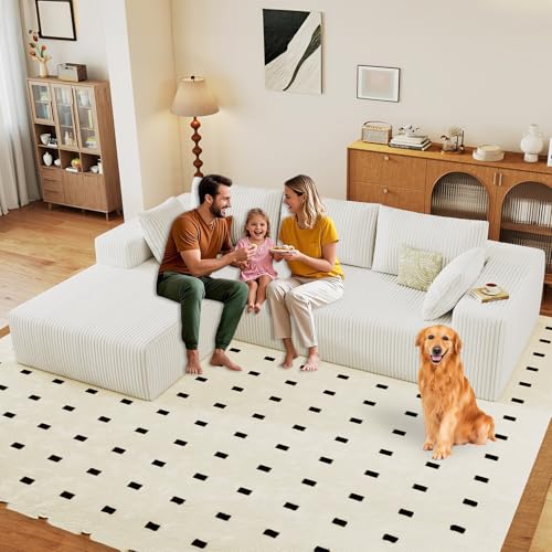 Image of 96 inch Modular Sectional Sofa, Modern Corduroy Cloud Couch with Deep Seat, Boneless Couch Upholstered 3-Seater L-Shaped Sofa for Living Room, No Assembly Required (White, Left-Facing Chaise)
