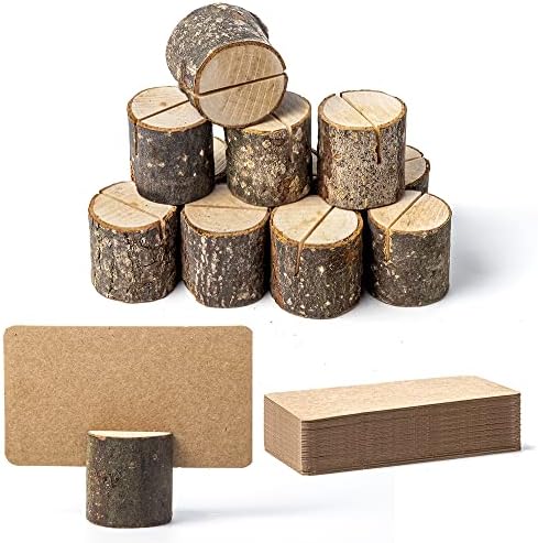 Jofefe 12Pcs Mini Premium Wood Place Card Holders and 24Pcs Kraft Table Place Cards, Rustic Mini Table Number Holders, Table Sign Stand, Name Card Photo Picture Holders for Wedding, Party, Birthday.